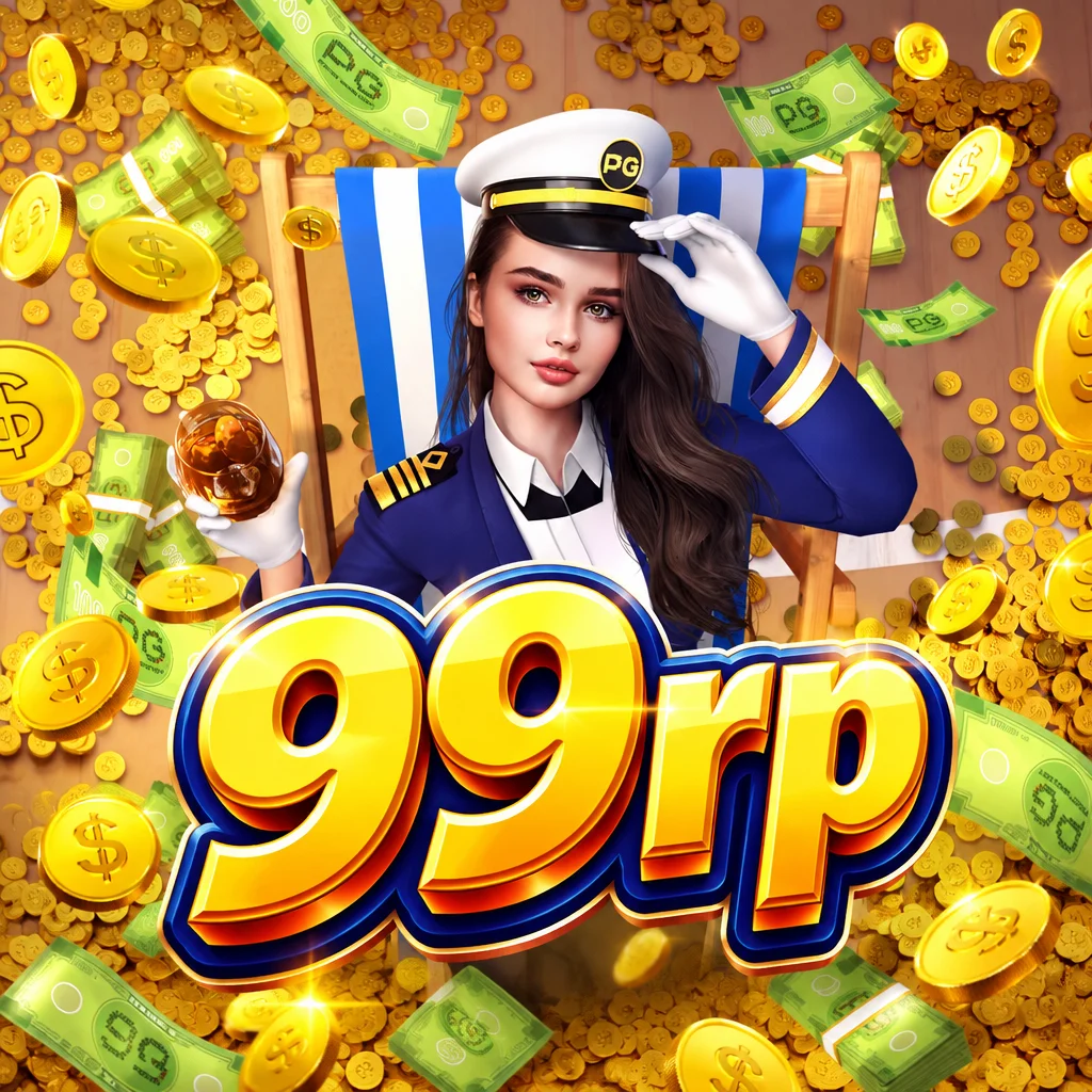 Ilustrasi kapten kapal wanita bertopi nahkoda dengan latar koin emas pada game Cruise Royale di 99rp
