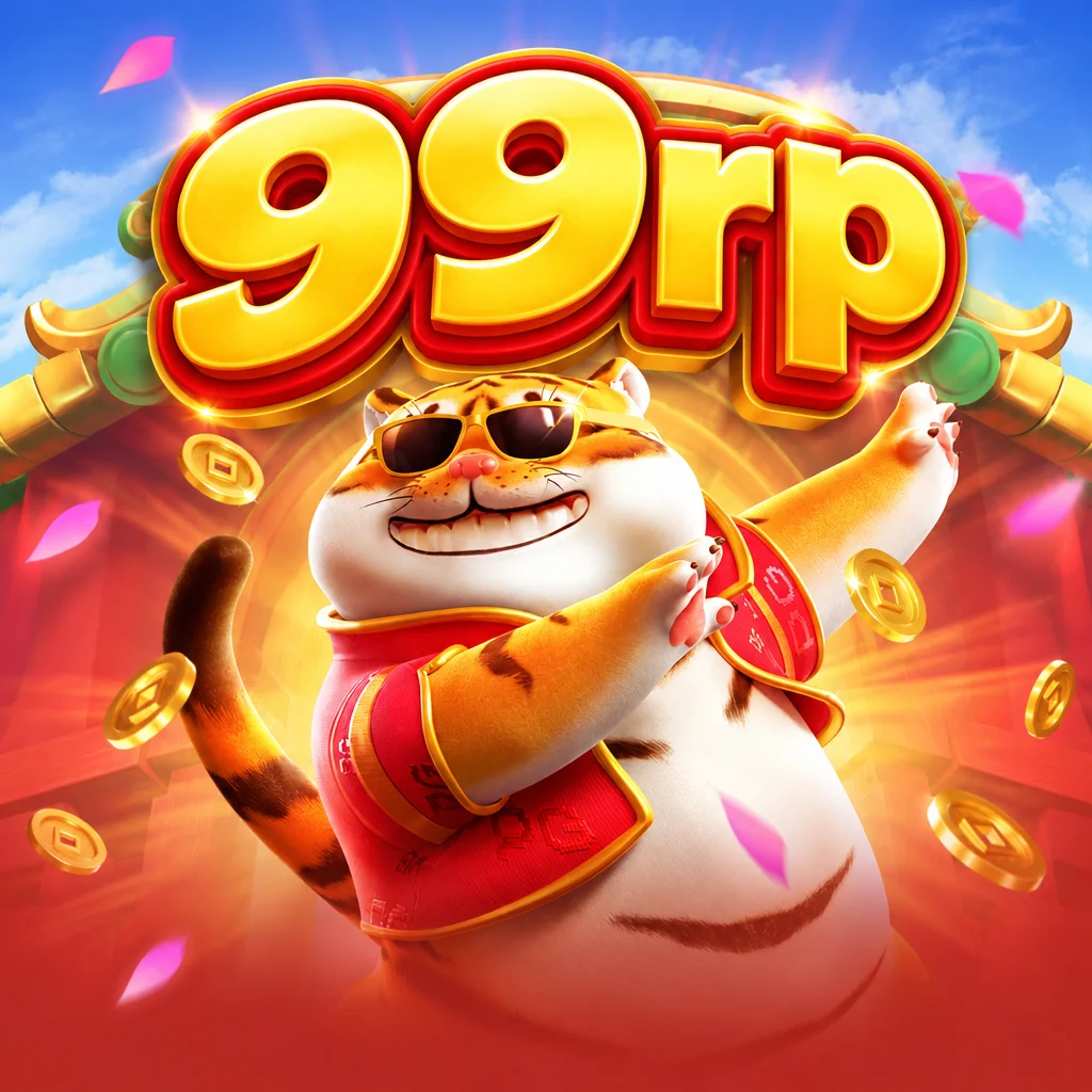 Karakter harimau mengenakan kacamata hitam di bawah logo 99rp pada game Fortune Tiger